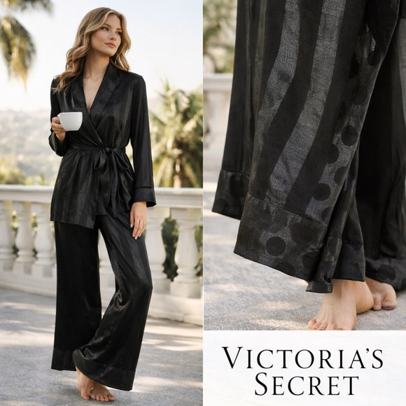 Victoria's Secret Other - Victoria’s Secret, Black Satin Jacquard 2-Pc Lounge Pajama/Robe Set,Size M/L